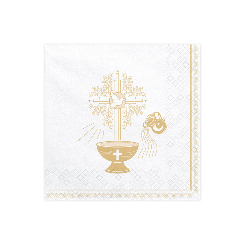 20 serviettes jetables baptême blanc et or papier